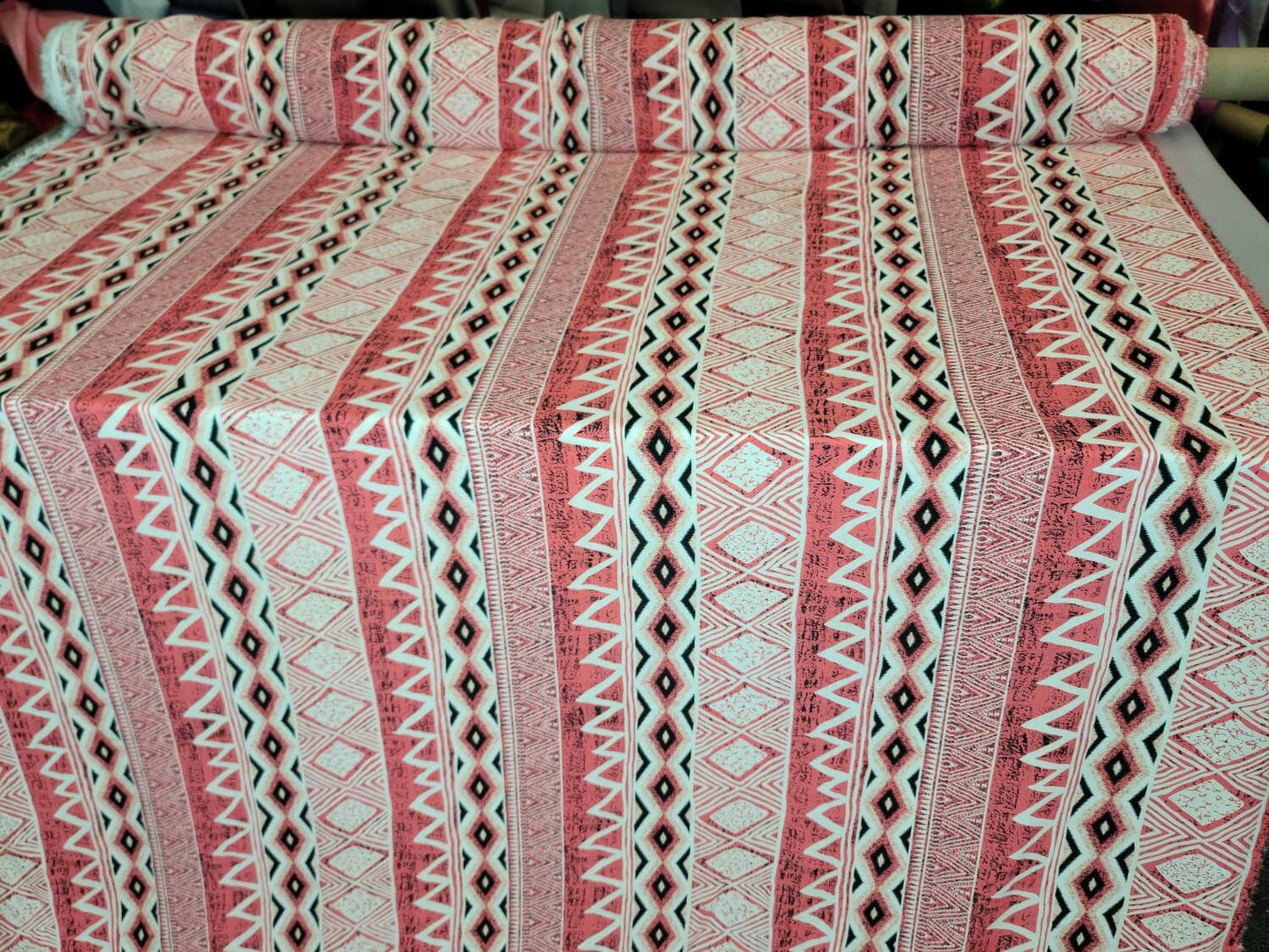 Rayon Challis Fabric By The Yard Pink Coral Off White Print Abstract Dress Draping Clothing Decoration