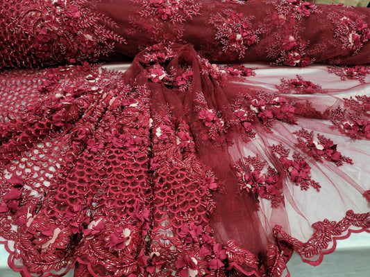 Burgundy Beaded Lace 3d Floral Flowers Embroidery Prom Fabric By The Yard Gown Quinceañera Bridal Evening Dress Gorgeous Gown Quinceañera