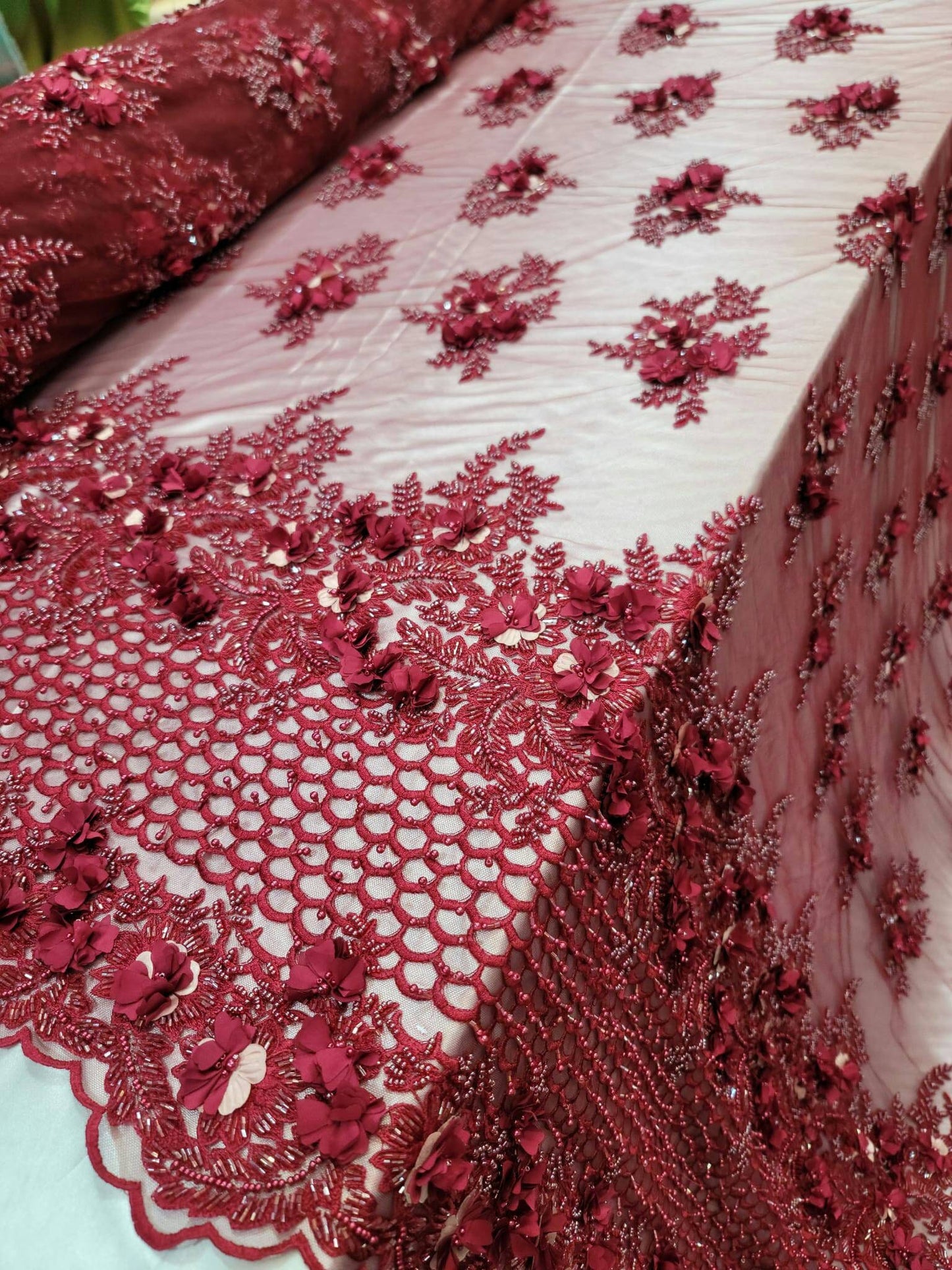 Burgundy Beaded Lace 3d Floral Flowers Embroidery Prom Fabric By The Yard Gown Quinceañera Bridal Evening Dress Gorgeous Gown Quinceañera