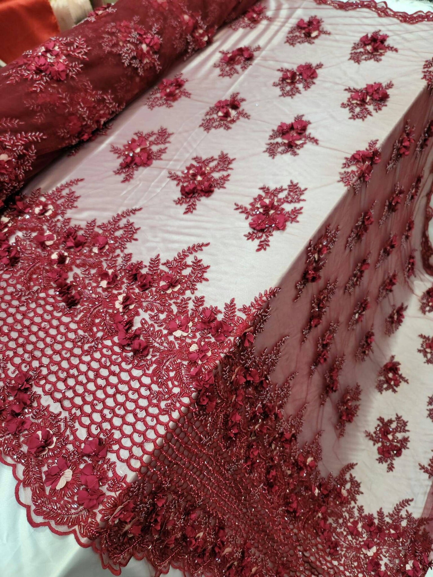 Burgundy Beaded Lace 3d Floral Flowers Embroidery Prom Fabric By The Yard Gown Quinceañera Bridal Evening Dress Gorgeous Gown Quinceañera