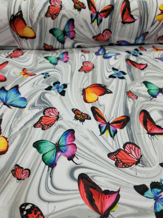 Multicolor Butterflies Stretch Rayon Spandex Fabric By The Yard Gown Dancer Clothing Fashion Decoration Dress Pink Blue Gray Background
