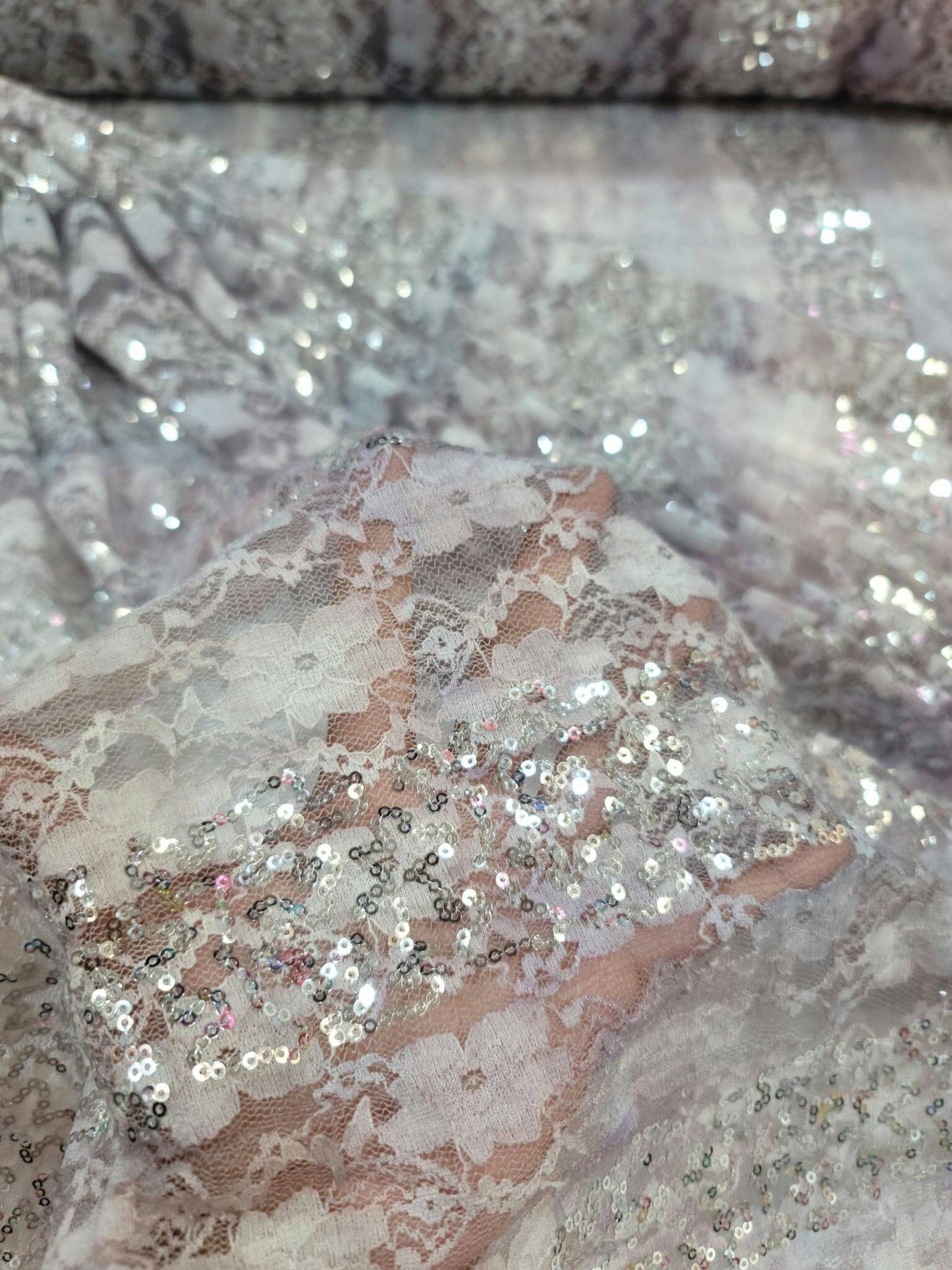 Lavendwer Pink Stretch Lace Floral Flowers Embroidered Silver Sequin Fabric By The Yard Gown Quinceañera bridal Evening Dress Clothing