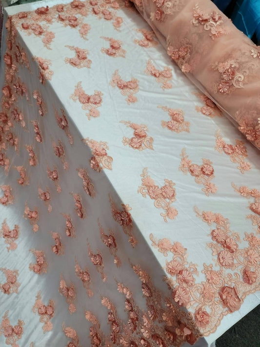 Peach Lace Fabric By The Yard Beaded Lace 3d Floral Flowers Embroidered on Mesh Quinceañera Bridal Fashion Sweet Sixteen Prom