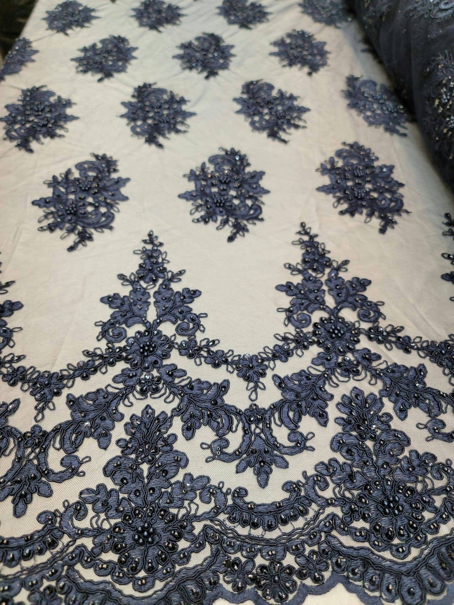 Navy Blue Beaded Lace Embroidery Floral Flowers Fabric By The Yard Sequin On Mesh Double Scallops Quinceañera Bridal Evening Dress