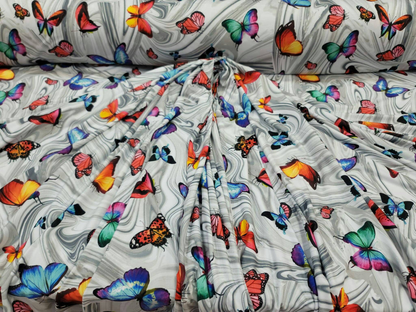 Multicolor Butterflies Stretch Rayon Spandex Fabric By The Yard Gown Dancer Clothing Fashion Decoration Dress Pink Blue Gray Background