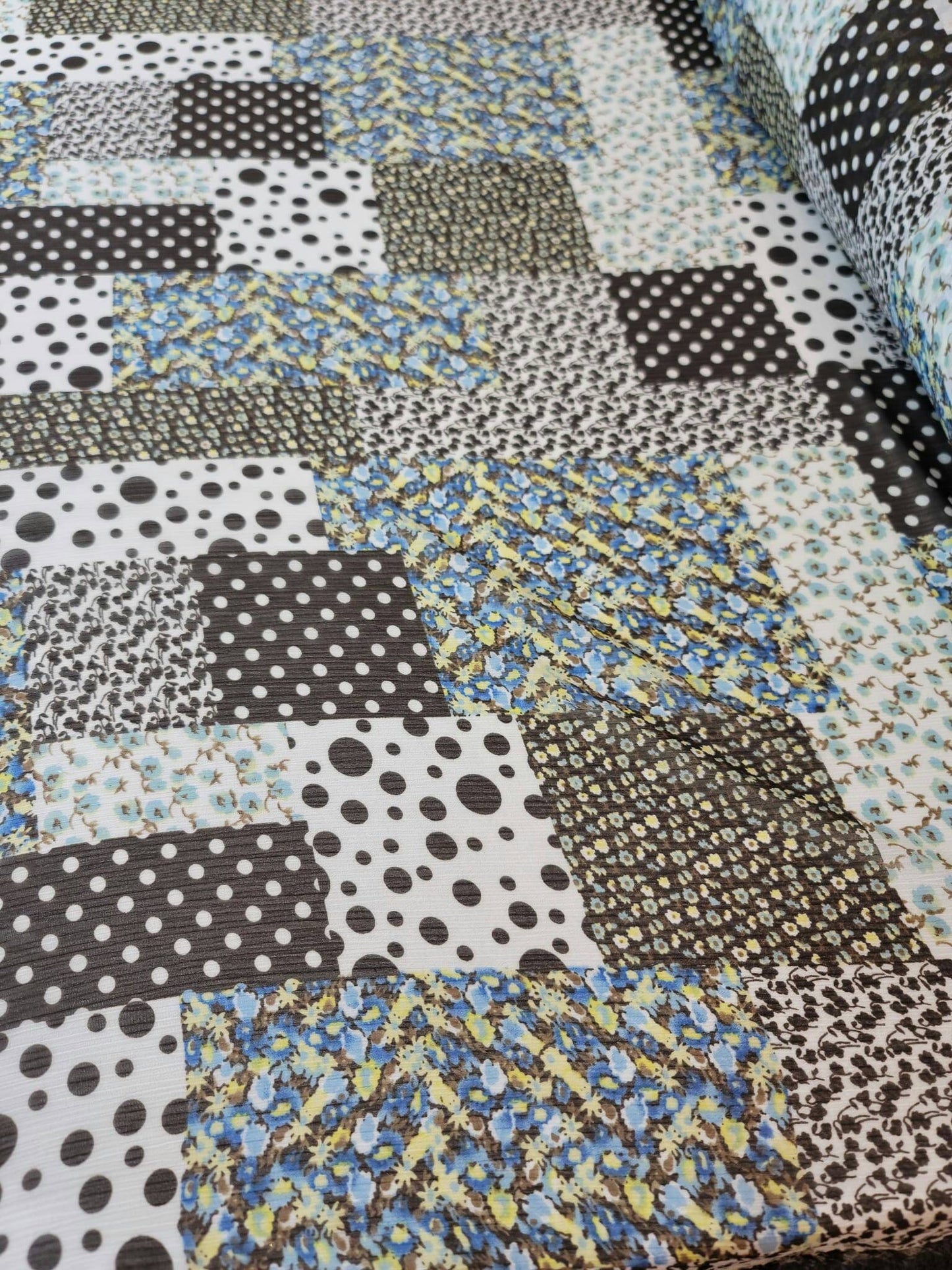 Chiffon Blue Black Floral Prom Fabric Sold by the Yard Squre Polka Dot Light Weight