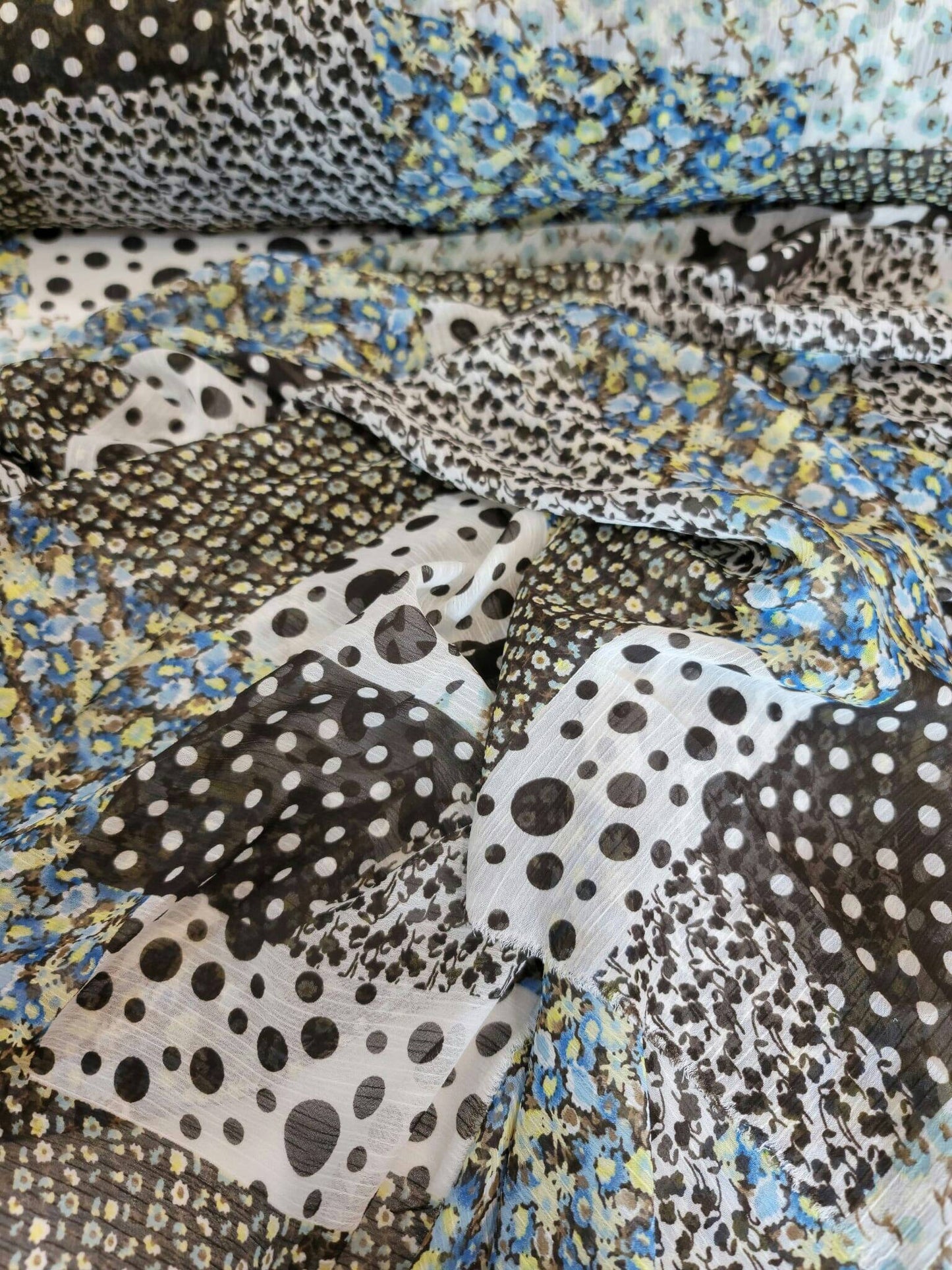 Chiffon Blue Black Floral Prom Fabric Sold by the Yard Squre Polka Dot Light Weight