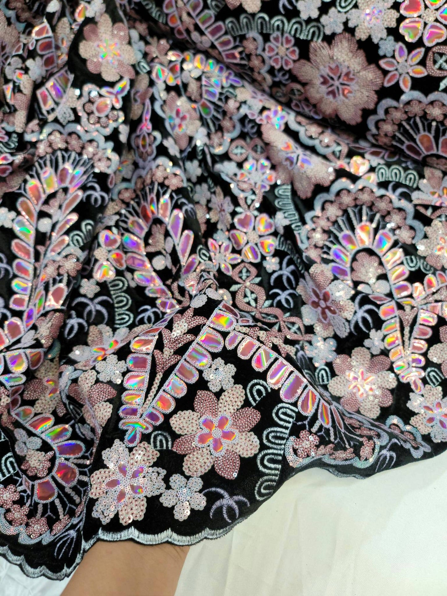 Black Lace Pink Embroidered Flowers Floral Sequin On Black Velvet Prom Fabric Sold By The Yard Quinceañera Bridal Evening  Fashion