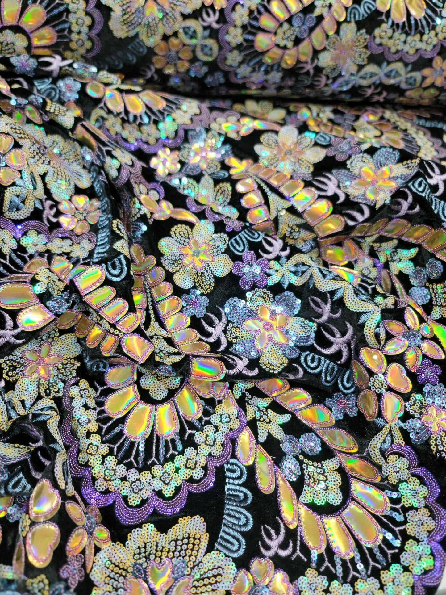 Stretch Black Velvet Multicolor Sequin Iridescent Embroidery Lace  Floral Flowers Gold Hologram Fabric Sold by the Yard Dress Bridal Gown