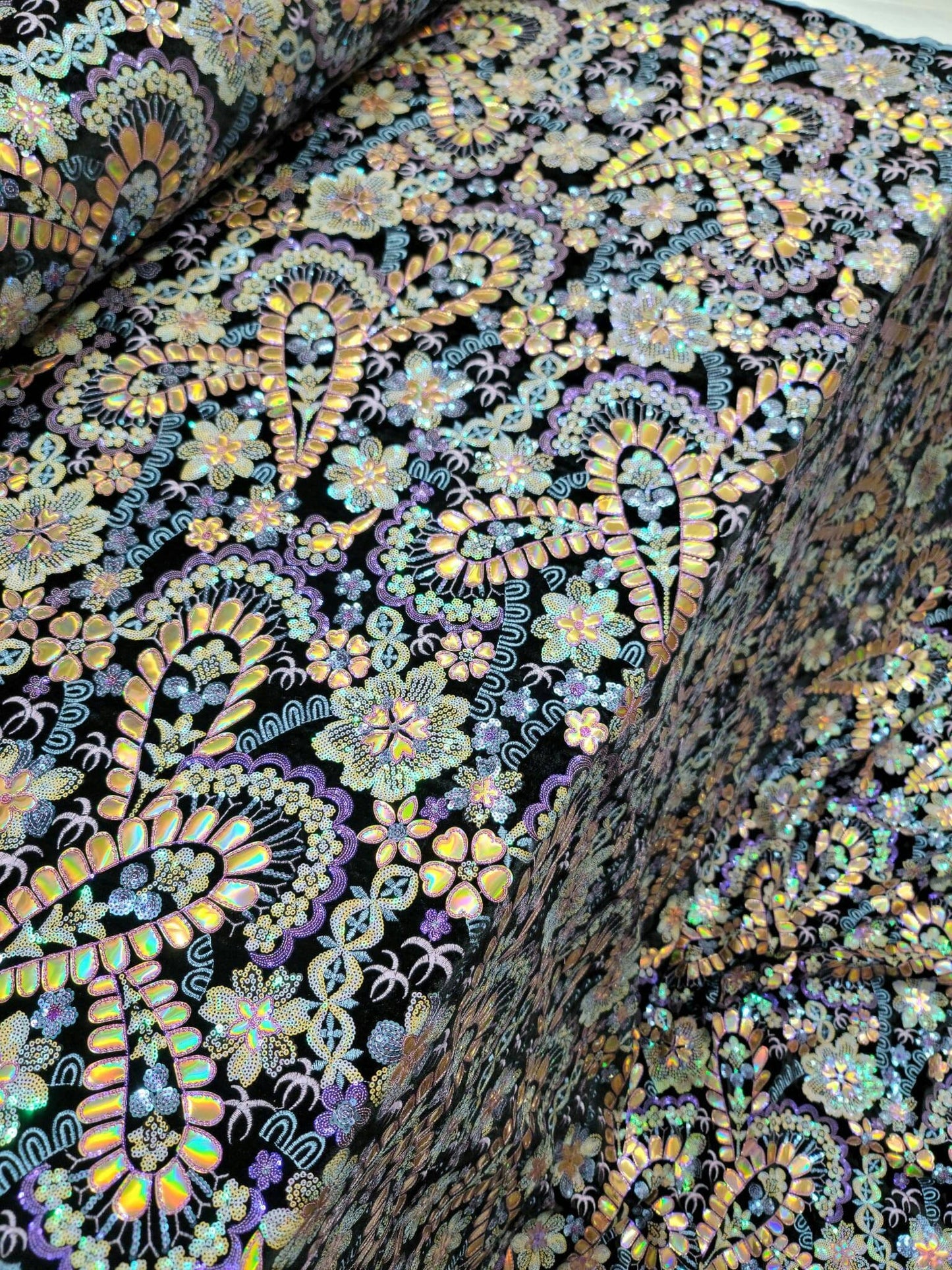 Stretch Black Velvet Multicolor Sequin Iridescent Embroidery Lace  Floral Flowers Gold Hologram Fabric Sold by the Yard Dress Bridal Gown