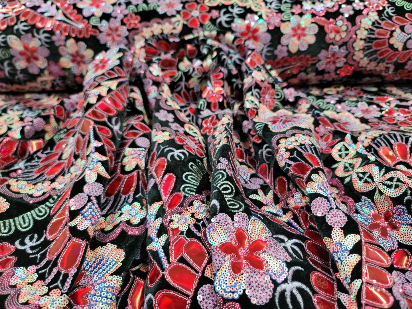 Black Stretch Black Velvet Red Iridescent Sequin Hologram Embroidery Floral Flowers Fabric Sold by the Yard Gown Prom Bridal Evening Dress
