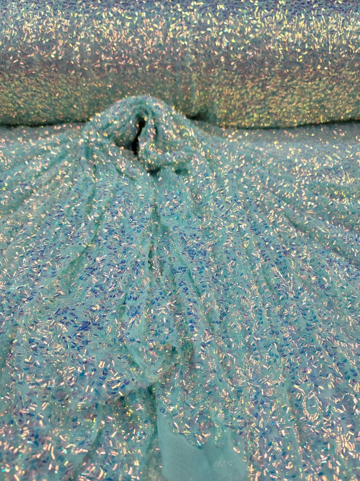 Mint Sequin Iridescent Embroidery in 4 Way Stretch Mesh Fabric By The Yard Fashion Backdrop Party Dress