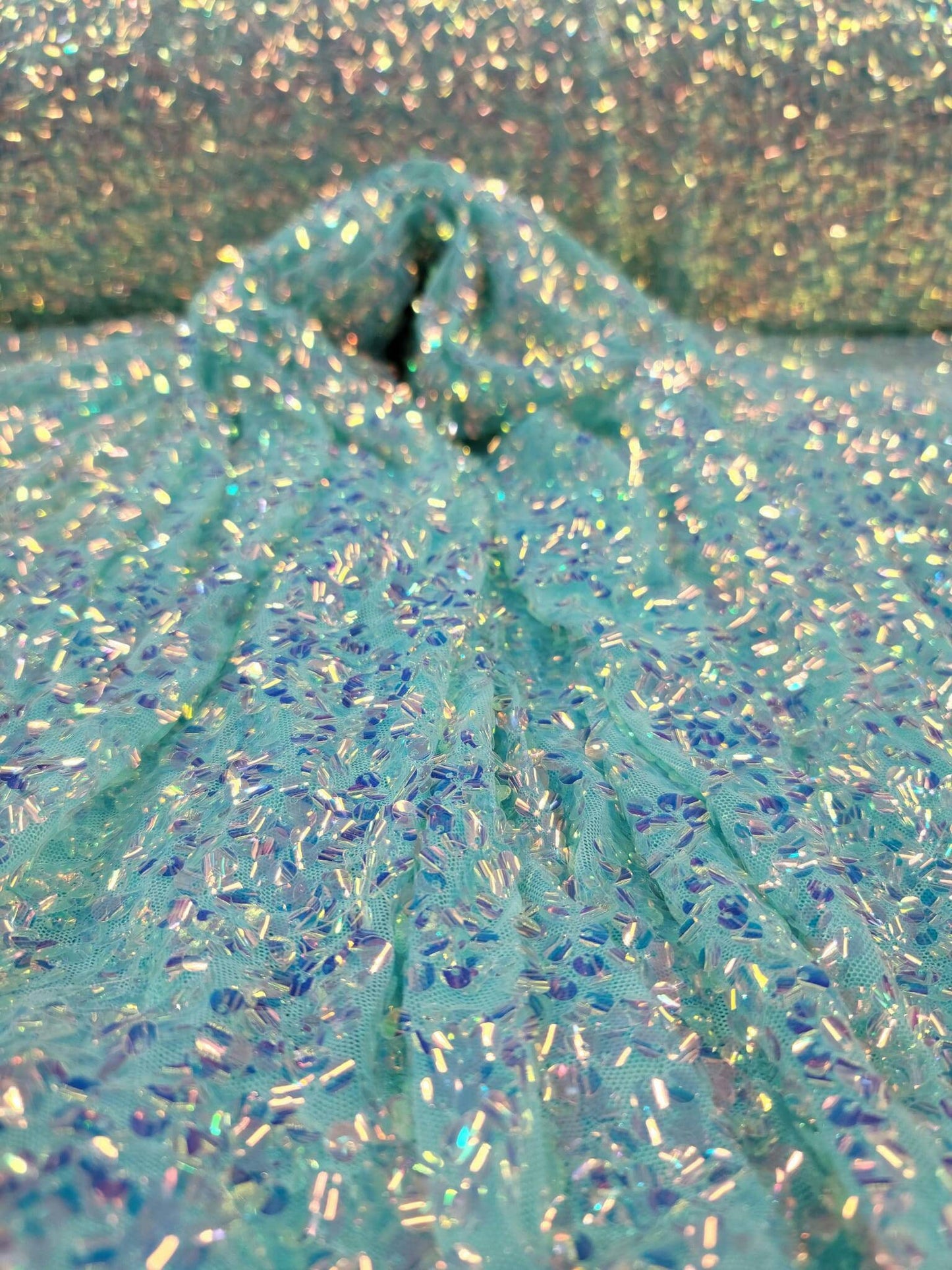Mint Sequin Iridescent Embroidery in 4 Way Stretch Mesh Fabric By The Yard Fashion Backdrop Party Dress