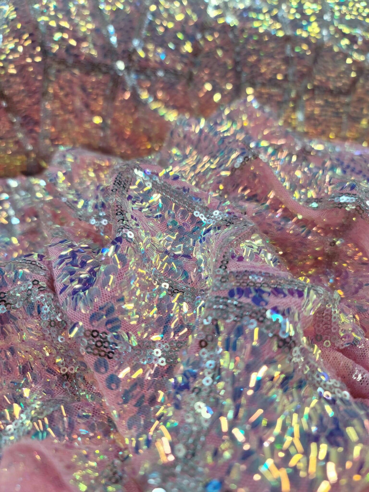 Pink Iridescent Sequin Fabric By The Yard 4 Way Stretch Mesh Prom Quinceañera Geometric Pattern Silver Sequin