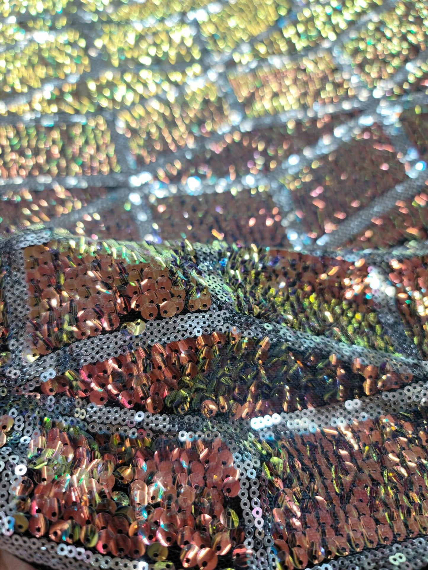 Rose Gold And Green Sequin Iridescent Embroidery On 4 Way Stretch Mesh Prom Fabric Sold By The Yard Gown Bridal