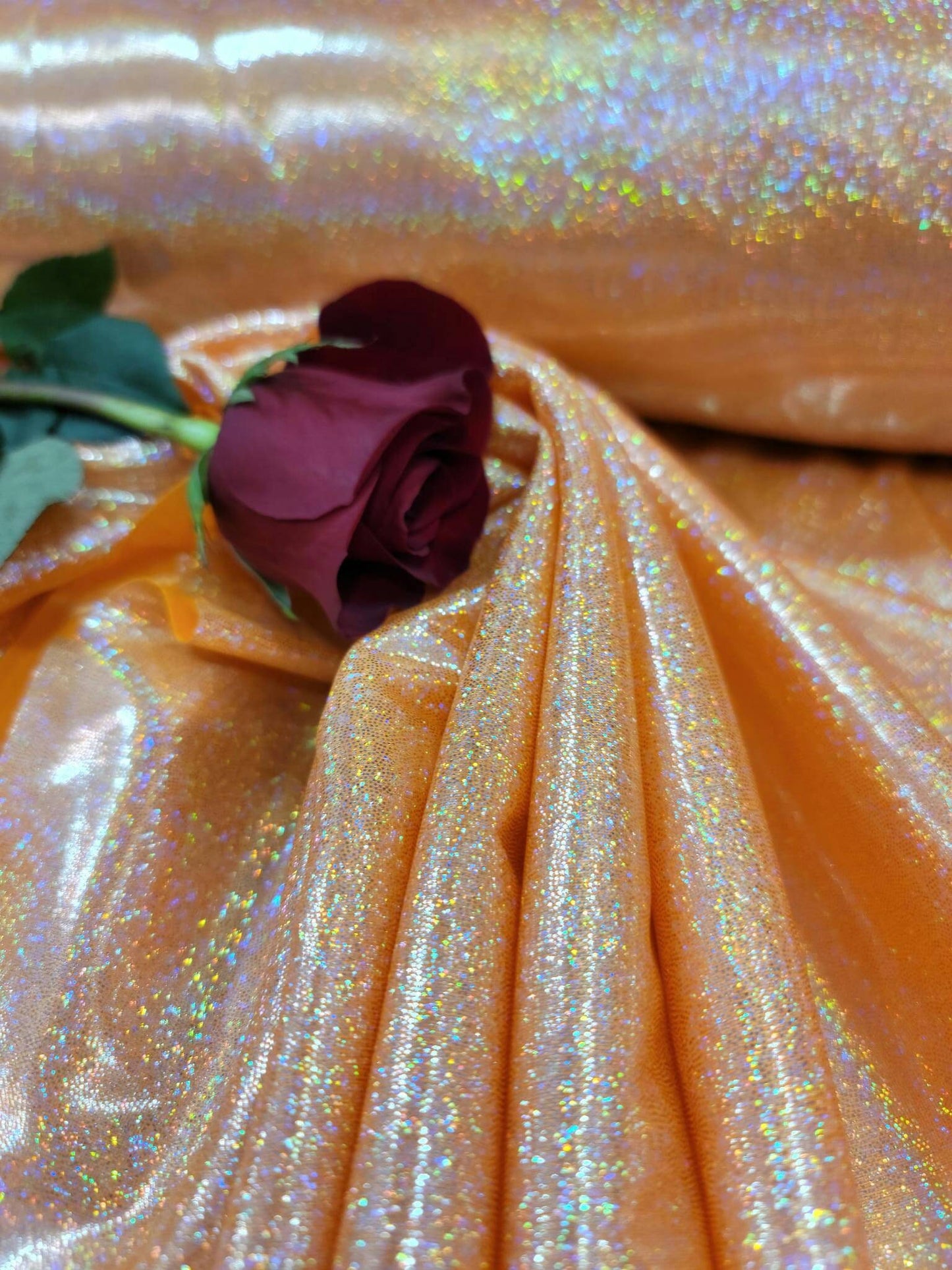 Orange Sparkly Lame Foil Fabric Shimmer Glossy Ligth Weight Fabric Sold by the Yard Evening Dress Decoration Clothing Fashion Backdrop