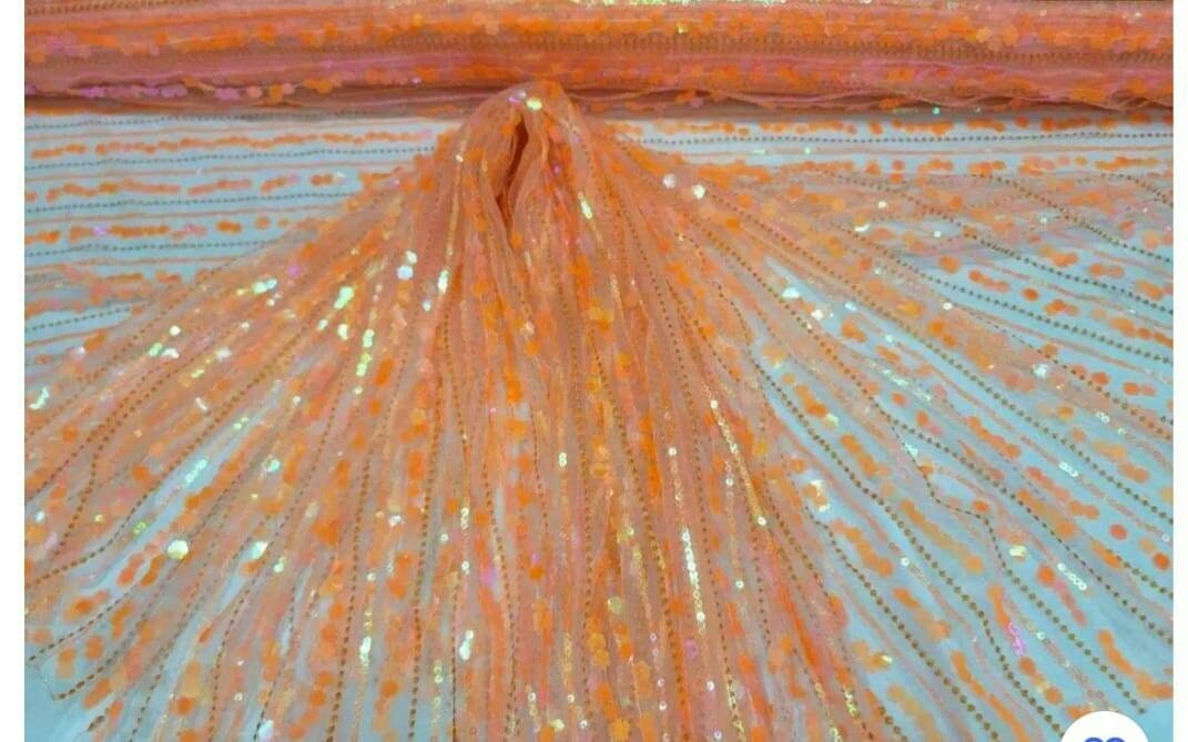 Orange Lace Neon Iridescent Hologram Sequin Floral Flowers  Fabric By The Yard Gown Quinceañera Bridal Evening Dress