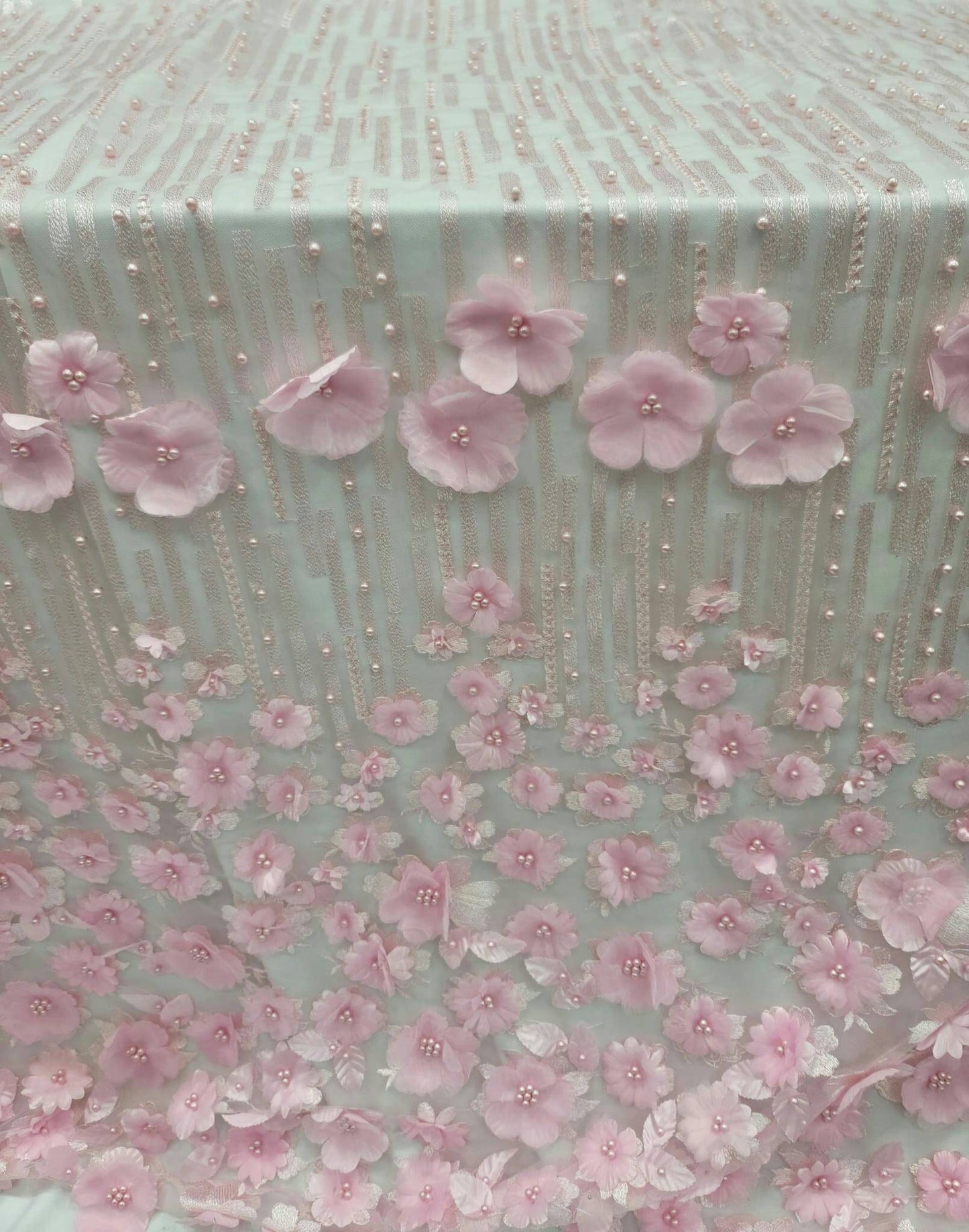 Pink Lace 3d Satin Floral Flowers On Embroidered Mesh Quinceañera Bridal Prom Gown Fabric Sold By The Yard Wedding Pearls