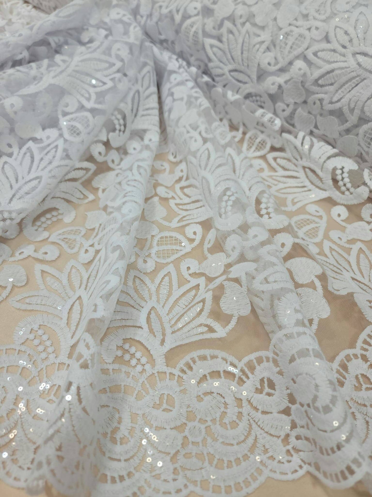 White Bridal Lace Floral Flowers Embroidered on Mesh Clear Sequin  Fabric Sold by the Yard Double Scallops Gown Wedding Dress