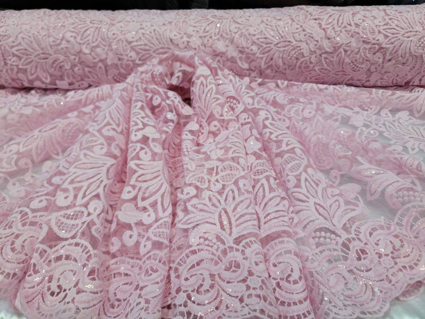 Pink Embroidery Lace Fabric Sold By The Yard The Yard Clear Sequin Double Scalloped Floral flowers Bridal Evening Dress Quinceañera Gown