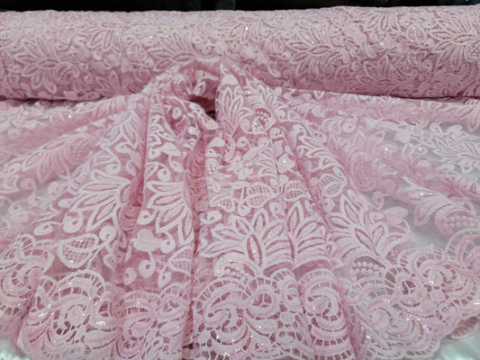 Pink Embroidery Lace Fabric Sold By The Yard The Yard Clear Sequin Double Scalloped Floral flowers Bridal Evening Dress Quinceañera Gown