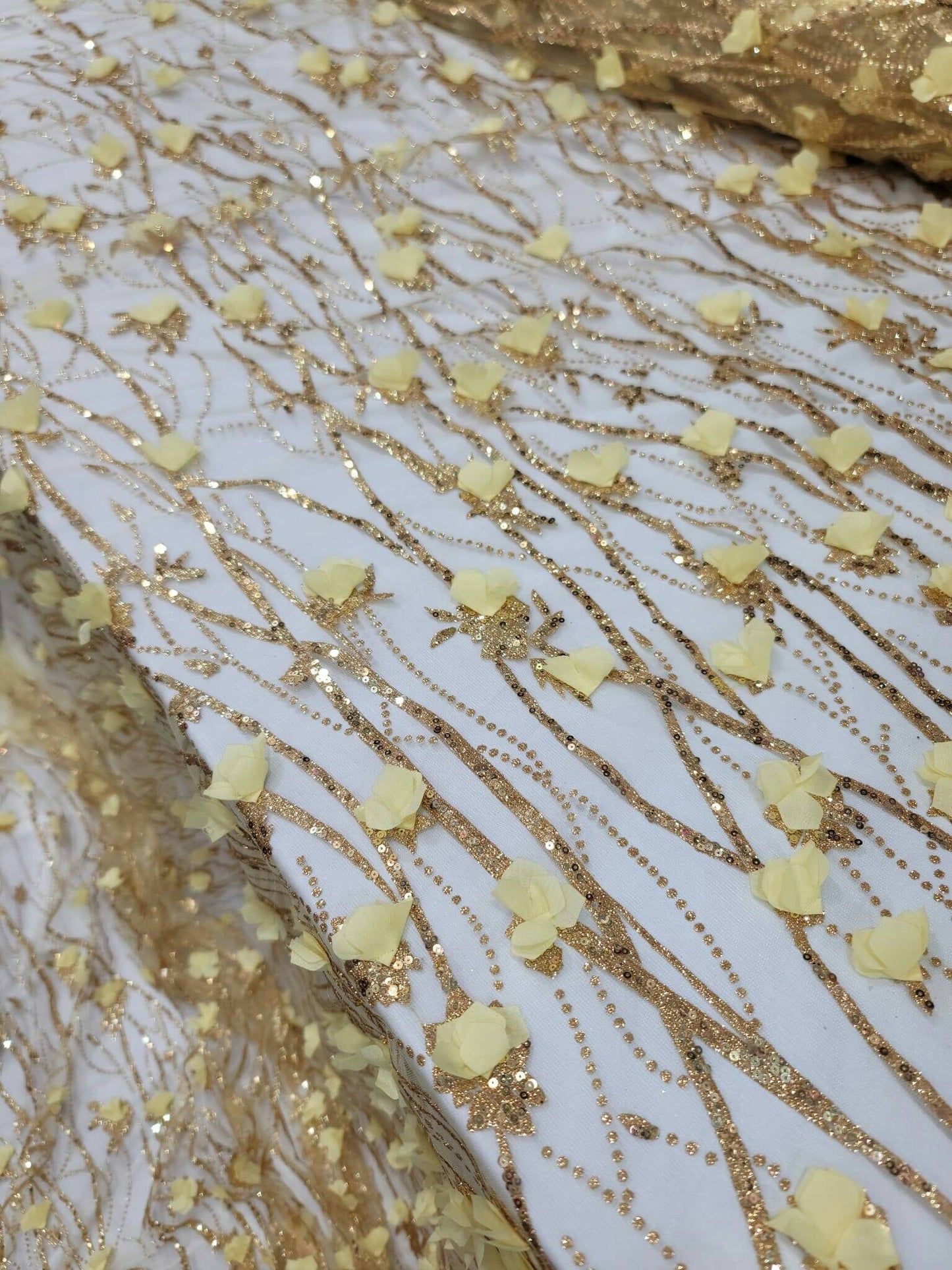 Gold Sequin Lace 3D Floral Flowers Embroidered Glitter Prom Fabric Sold by the Yard Gown Quinceañera Bridal Decoration Draping