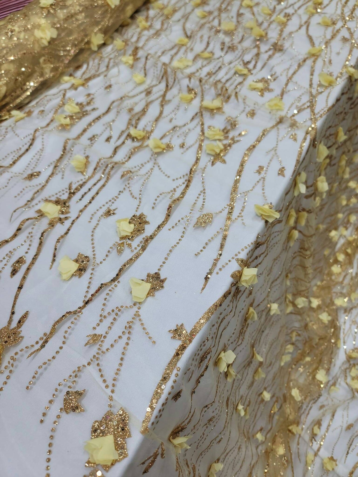 Gold Sequin Lace 3D Floral Flowers Embroidered Glitter Prom Fabric Sold by the Yard Gown Quinceañera Bridal Decoration Draping