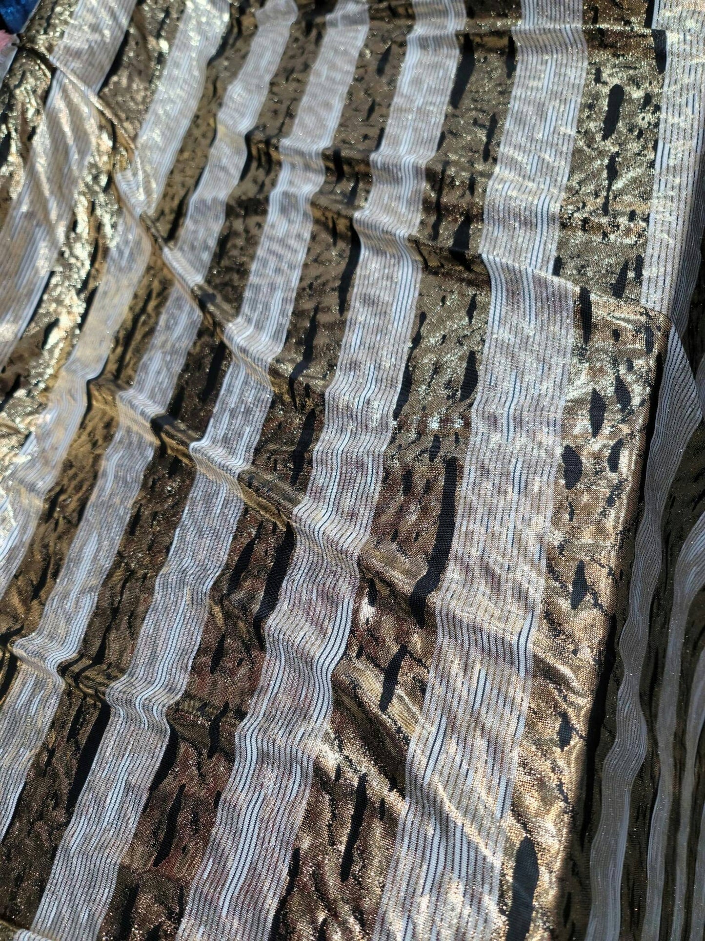 Gold Sparkly Metallic Black Striped Four Way Stretch Ivory Spandex Fabric Sold By The Yard Bridal Decoration Draping.