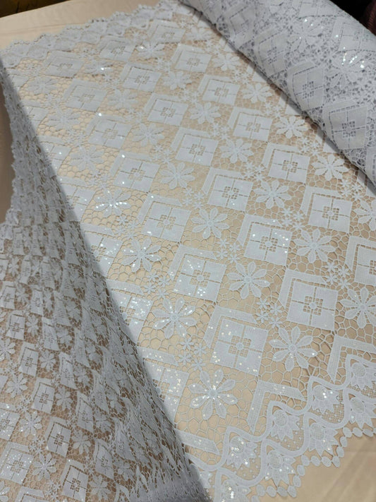 White Embroidered Floral Flowers Geometric Guipure Lace  Clear Sequin Fabric Sold by the Yard Gown Bridal Evening Dress