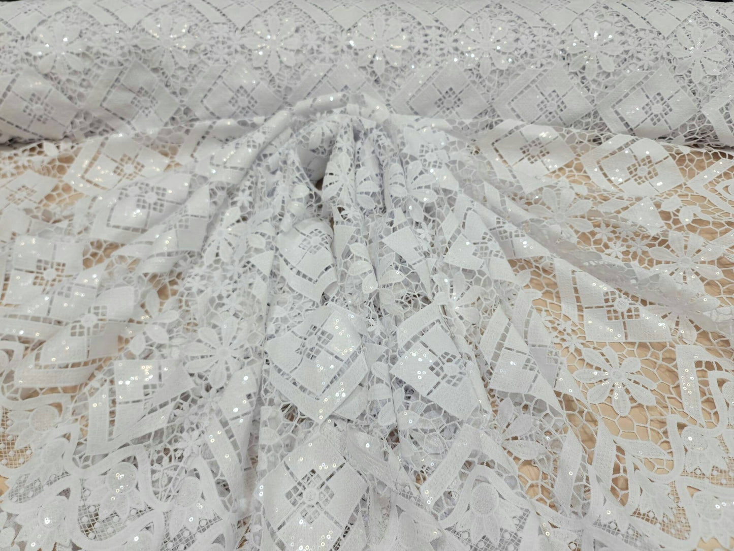 White Embroidered Floral Flowers Geometric Guipure Lace  Clear Sequin Fabric Sold by the Yard Gown Bridal Evening Dress