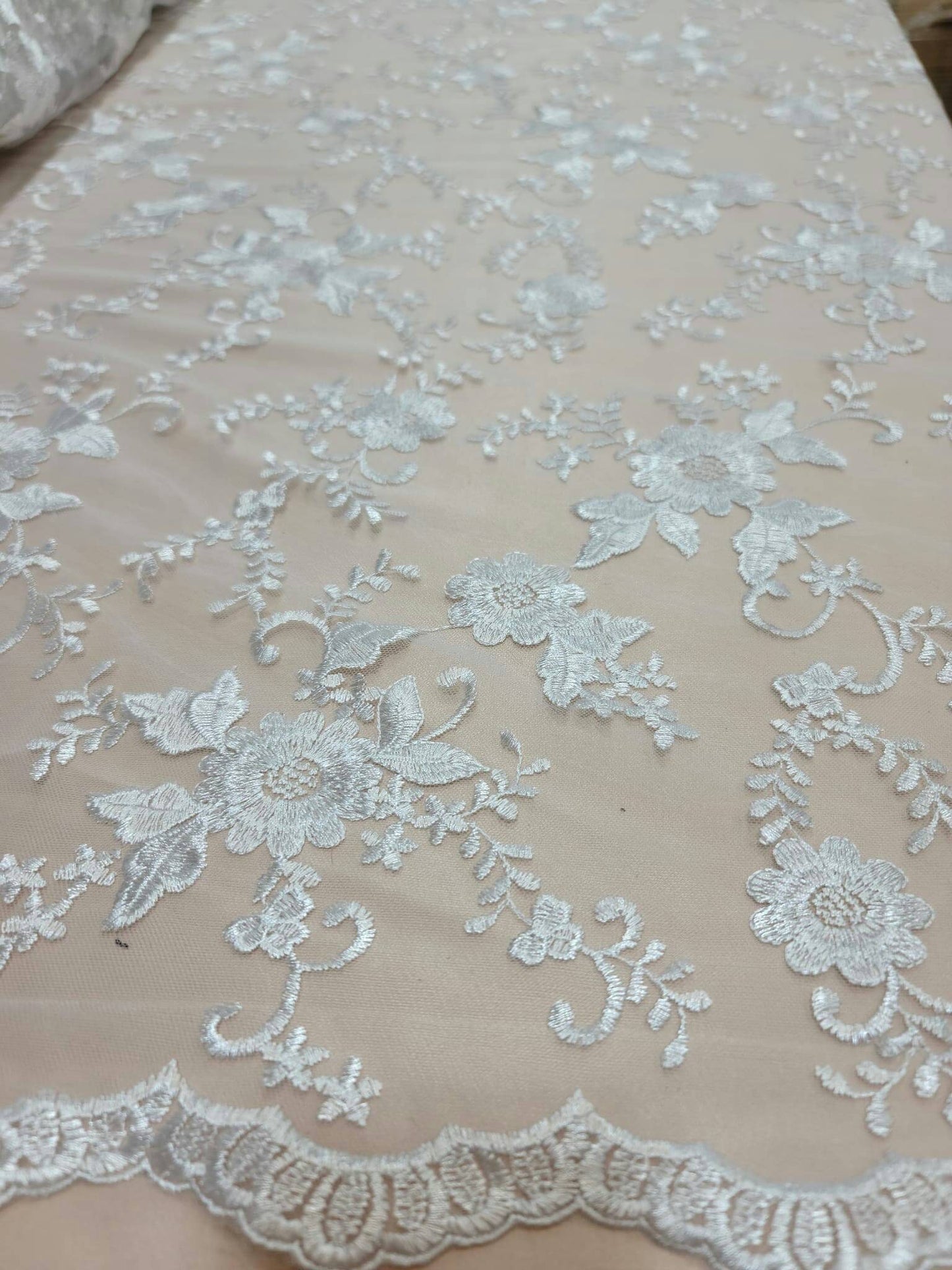 White Lace Embroidery Floral Flowers Fabric By The Yard Gown Bridal Evening Dress Double Scalloped Wedding Lace