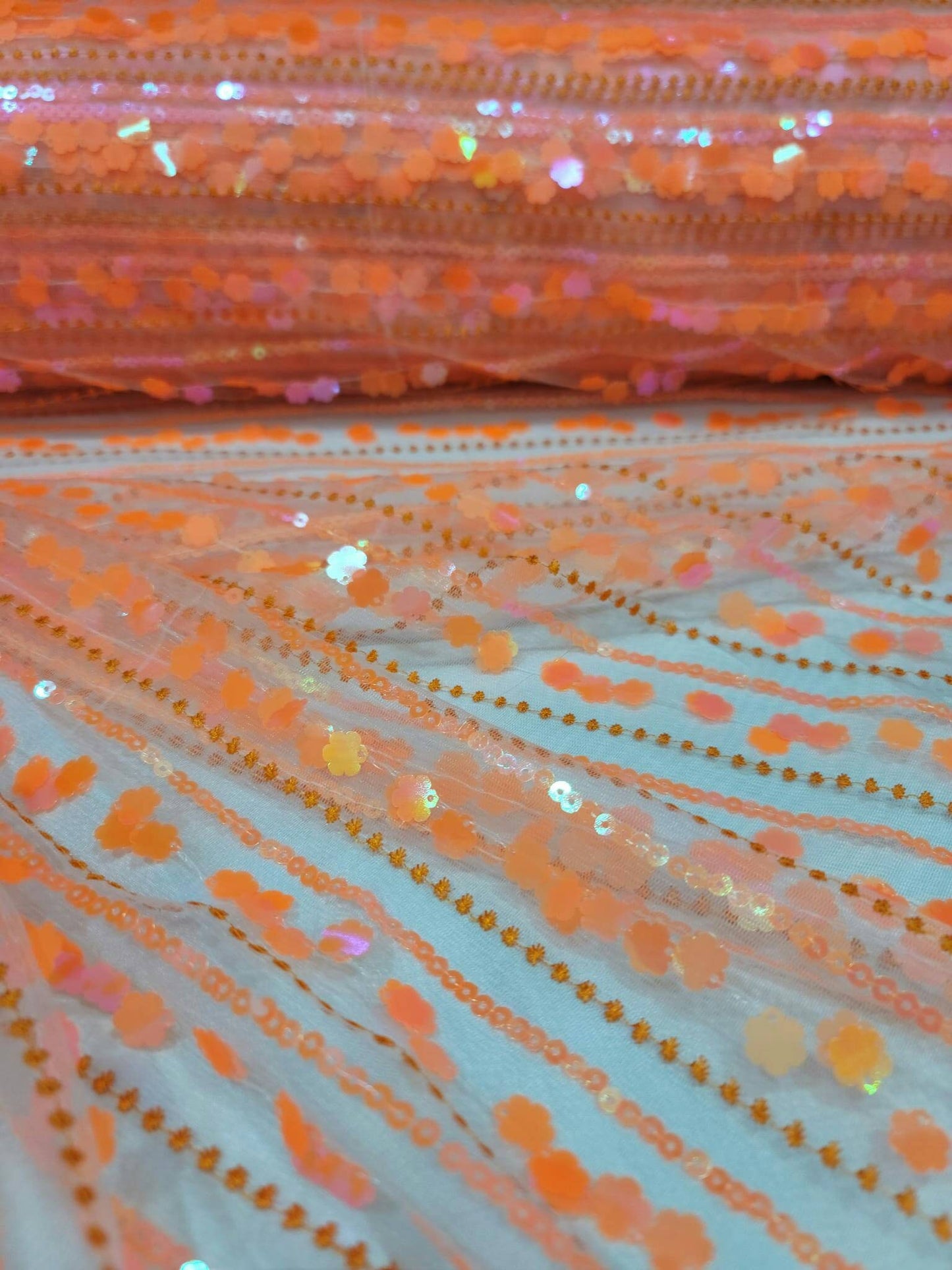 Orange Lace Neon Iridescent Hologram Sequin Floral Flowers  Fabric By The Yard Gown Quinceañera Bridal Evening Dress