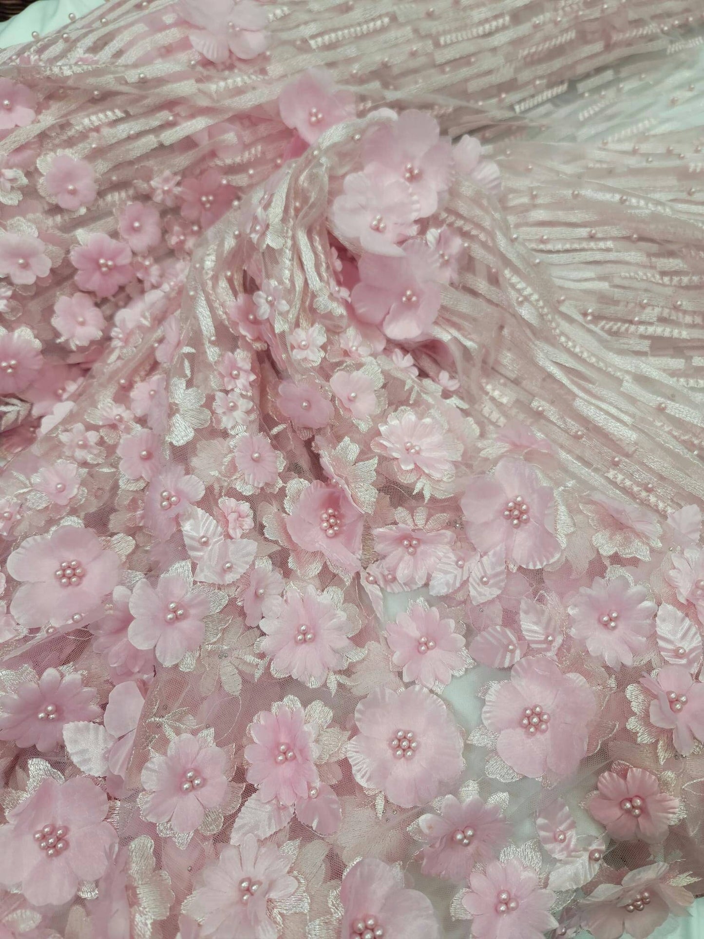 Pink Lace 3d Satin Floral Flowers On Embroidered Mesh Quinceañera Bridal Prom Gown Fabric Sold By The Yard Wedding Pearls