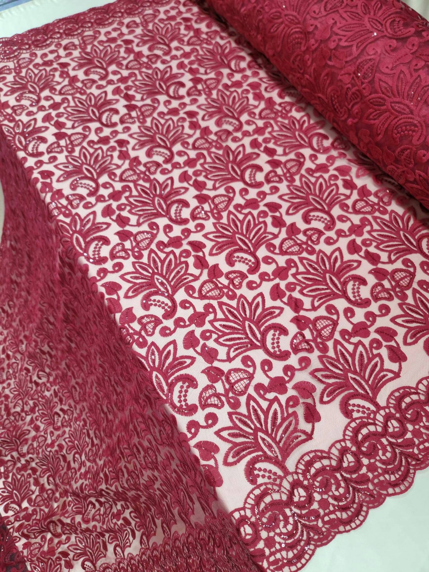 Burgundy Embroidered Lace Floral Flowers Double Scallops Clear Sequin Fabric By The Yard Gown Quinceañera Bridal