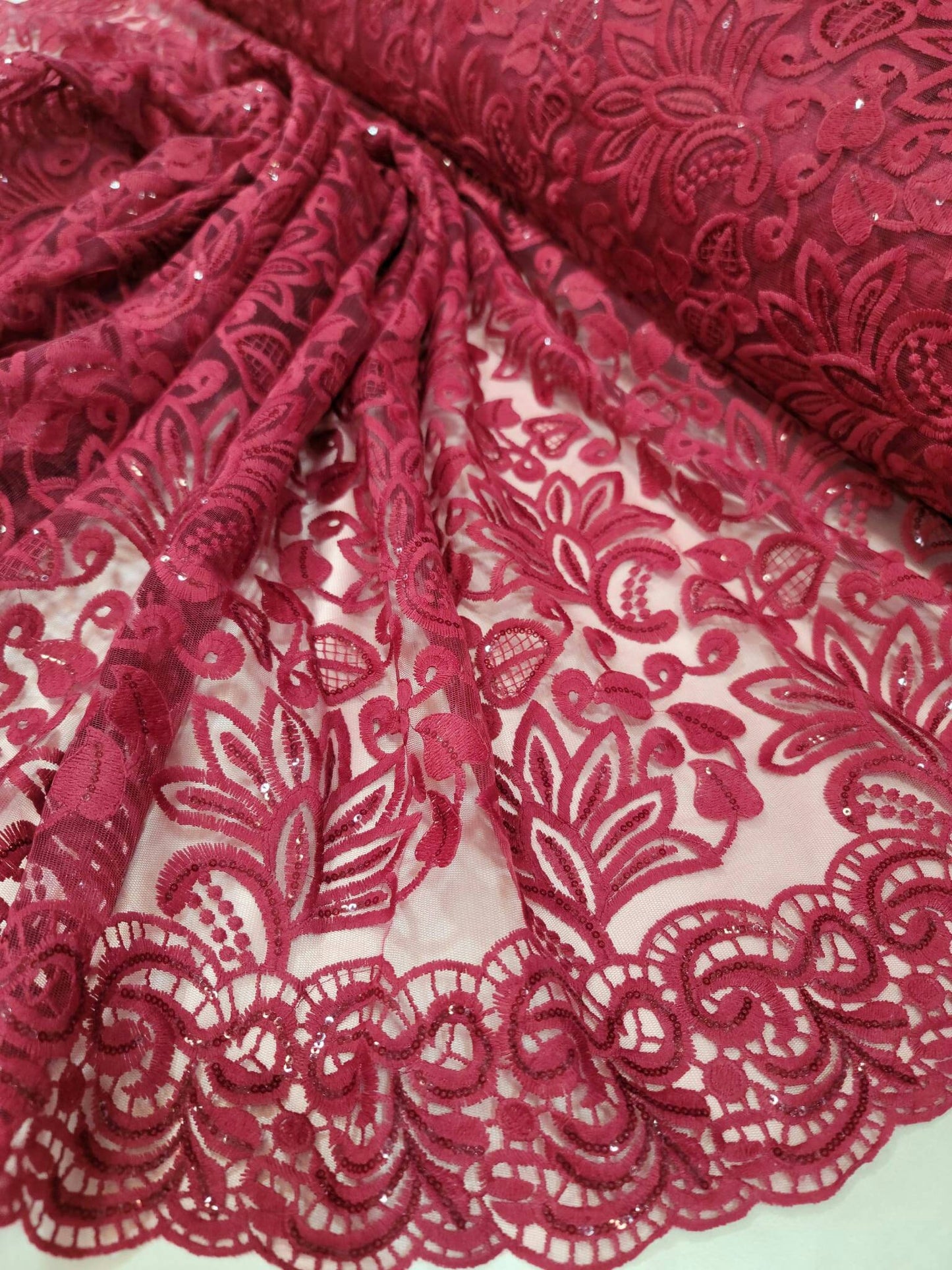 Burgundy Embroidered Lace Floral Flowers Double Scallops Clear Sequin Fabric By The Yard Gown Quinceañera Bridal