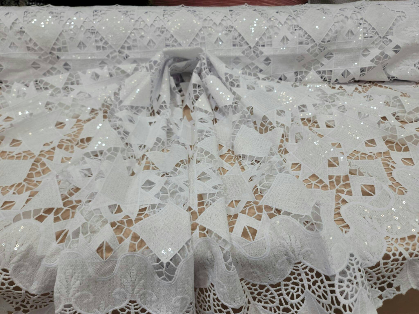 White Guipure Lace Floral Flowers Embroidered Clear Sequin On Mesh Fabric Sold By The Yard Bridal Evening Dress