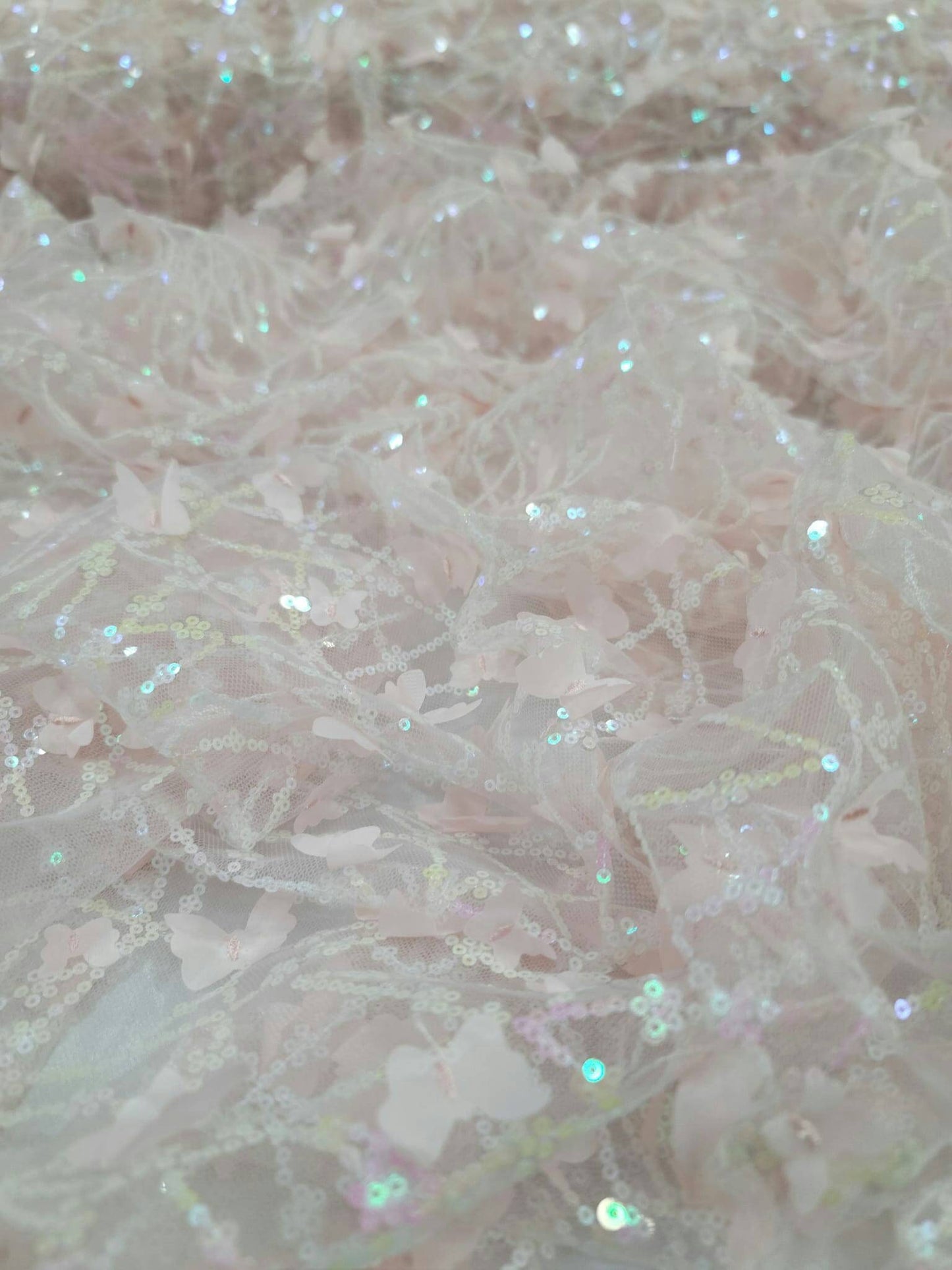 Light Pink Lace Embroidery 3d Butterflies Iridescent Sequin On Mesh Prom Fabric Sold By The Yard Quinceañera Bridal