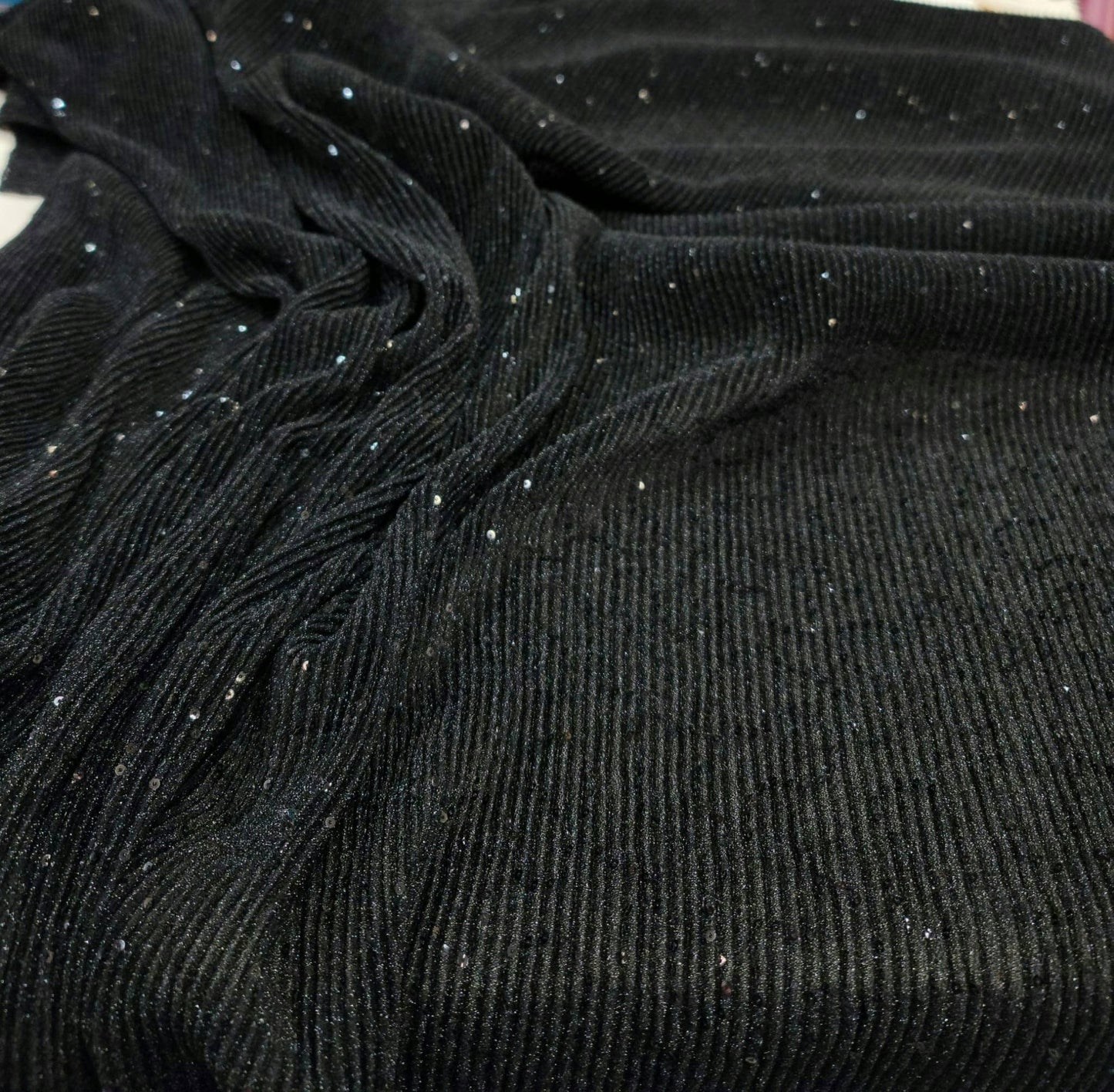 Black Textured Pleated Sequin Spandex 4 Way Stretch Fabric Sold by the Yard Gown Prom Dress Decoration Clothing Soft Knit Fashion Fabric