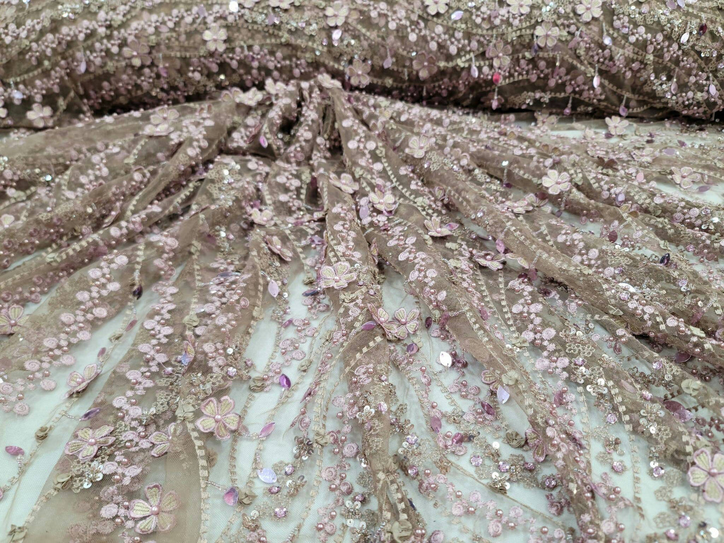 Mauve Beaded Lace 3d Embroidery Floral Flowers Hanging Sequin Taupe Mesh Fabric By The Yard Prom Bridal Fashion Quinceañera