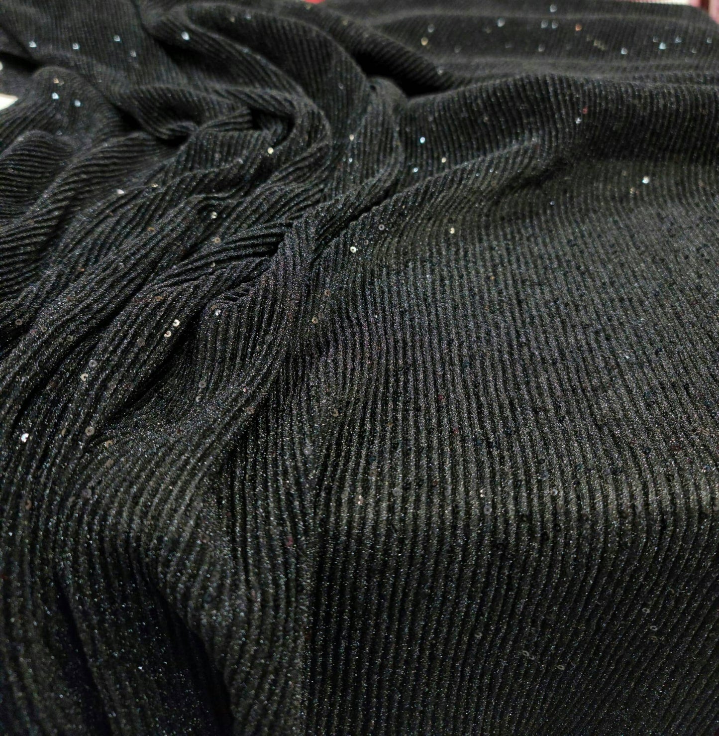 Black Textured Pleated Sequin Spandex 4 Way Stretch Fabric Sold by the Yard Gown Prom Dress Decoration Clothing Soft Knit Fashion Fabric