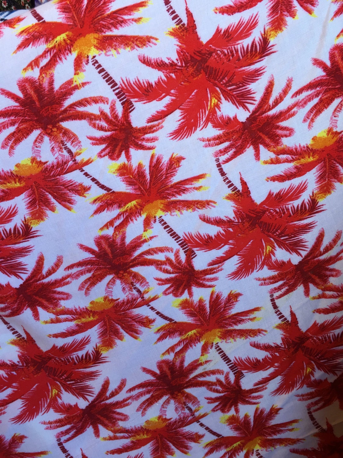 100% Rayon Challis off White Background Red Palm Trees 58 Inches Wide Sold by the Yard Soft Organic Kids Dress Draping Decoration Clothing