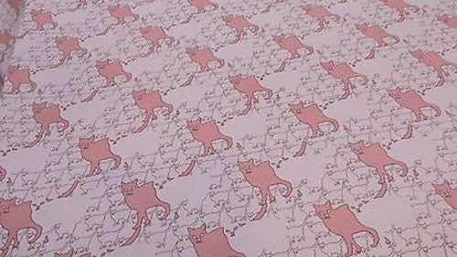 White Satin Charmeuse with pink cat print 1 way stretch soft Fabric sold  by the yard white and pink soft flowy cats