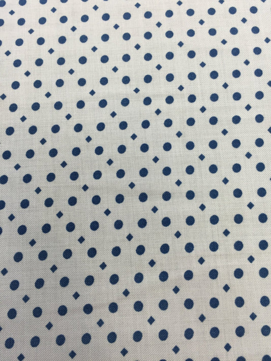 100% rayon challis. Blue dots n diamonds Off white background fabric sold by the yard soft organic kids dress draping clothing decoration