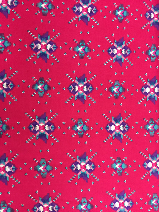 Rayon challis Pink Native American inspired print pink purple aqua Fabric sold by the yard organic soft flowy fabric kids dress draping