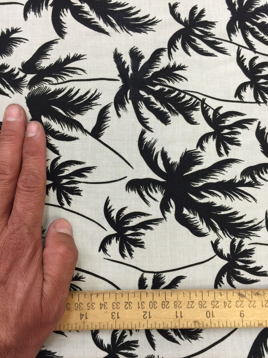 100% Rayon Challis Off white background w Black palm trees. Fabric sold by the yard soft organic kids dress draping clothing decoration