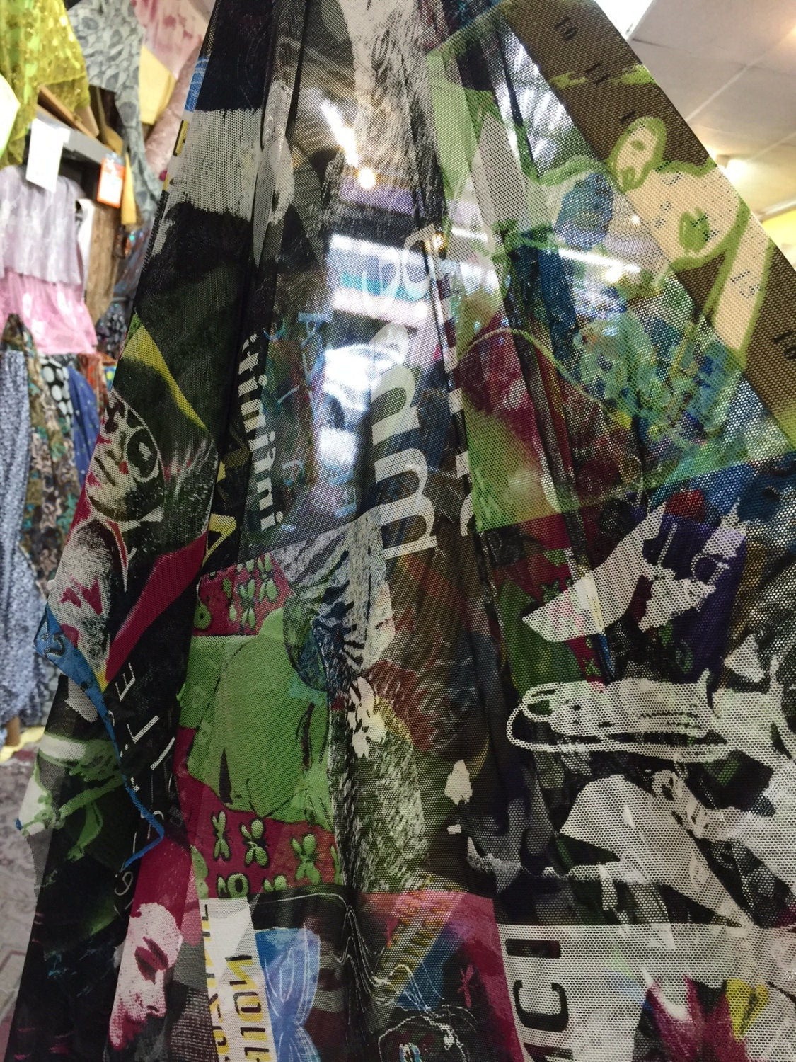 4 way stretch English mesh w playful design Fabric by the yard magazine soft Colorful multicolor black mesh dancer clothing Fashion soft