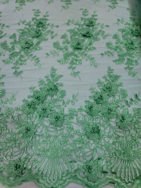 Mint Beaded Lace 3d Floral Flowers Embroidered on Mesh Sequin Pearls Prom Fabric Sold by the Yard Gown Bridal Quinceañera