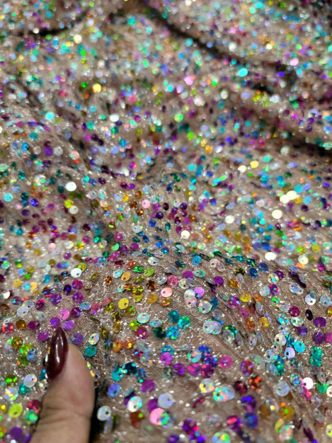 Mocha Stretch Fabric Multicolor Iridescent Sequin Embroidery Fabric By The Yard