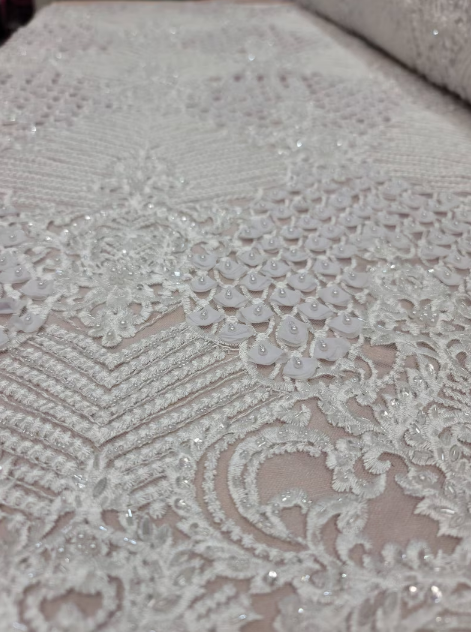 Off White Bridal Lace 3d Chiffon Floral Flowers Embroidery Lace Fabric Sold By The Yard Scalloped Wedding Dress Beaded Lace Baptism