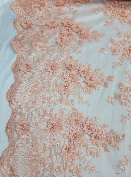 Peach Beaded Lace 3d Floral Flowers Embroidered on Mesh Sequin Pearls Prom Fabric Sold by the Yard Gown Bridal Quinceañera